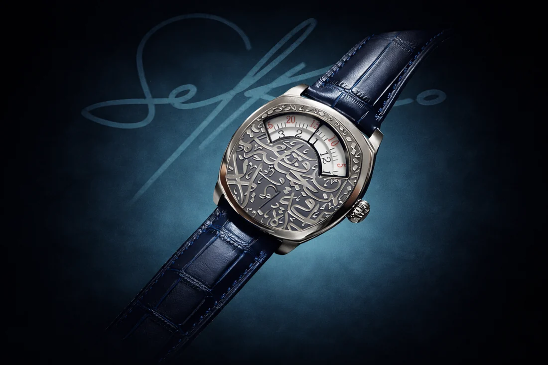 Blue SELKO watch on a dark editorial background